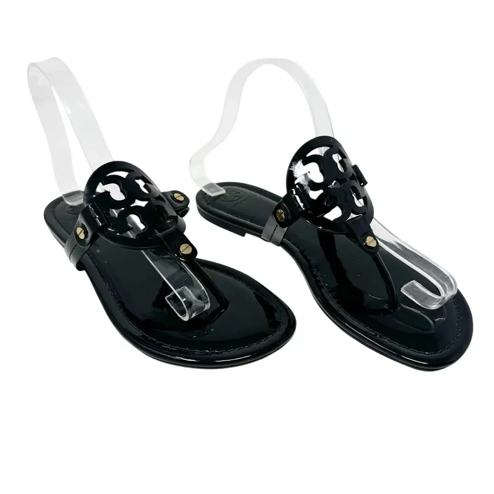Tory Burch Miller Sandal Black Patent Leather Logo Medallion Thong Flat Size 8